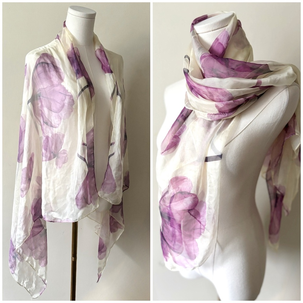 90s Y2K Feminine Floral Sheer Purple‎ & Cream Art Print Whimsical Floral Scarf
